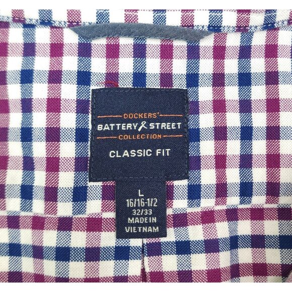 Dockers Battery Street Collection Classic Fit Stretch Shirt L Plaid Purple Navy - Picture 2 of 10